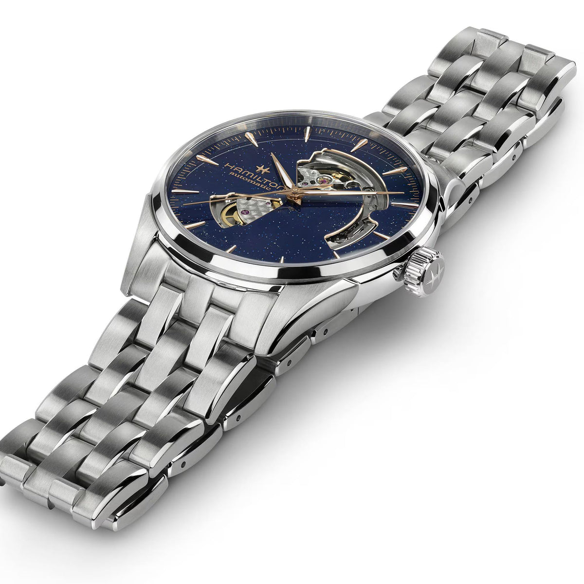 Hamilton Jazzmaster Open Heart H32705140 automatic watch flat lay angle view featuring blue dial and polished steel case
