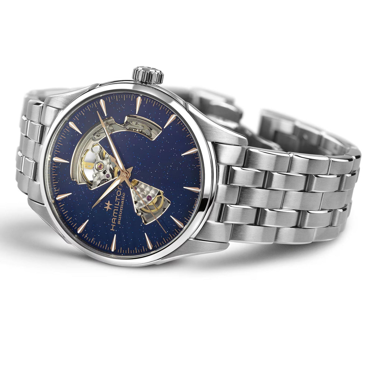 Hamilton Jazzmaster Open Heart H32705140 automatic watch studio side perspective highlighting exposed movement mechanism on blue dial
