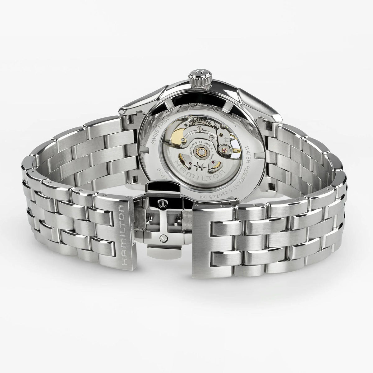 Hamilton Jazzmaster Open Heart H32705140 42mm watch back view displaying open exhibition case back and stainless steel deployment clasp