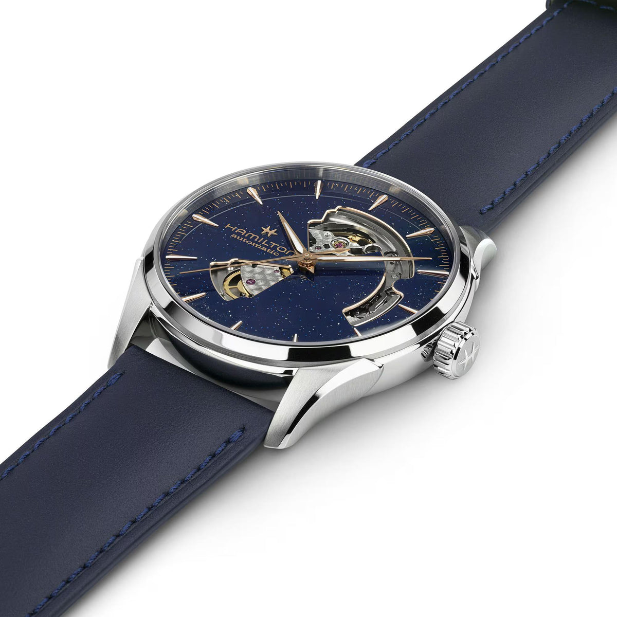 Hamilton Jazzmaster H32705640 blue dial open heart watch side profile displaying crown detail and stitched blue leather band