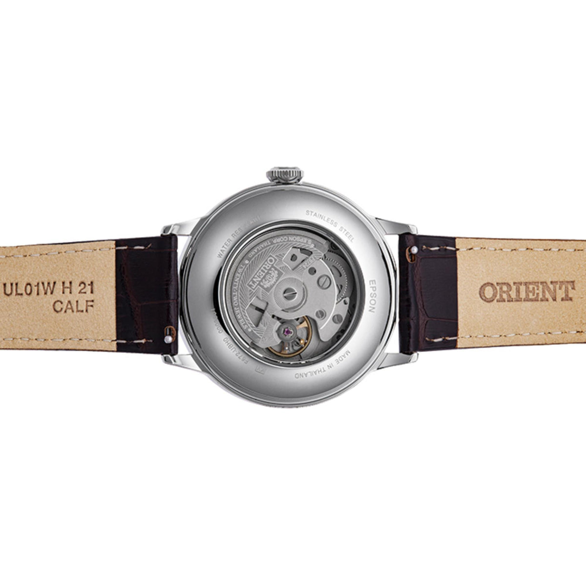 Orient Bambino mens automatic RA-AC0023E30B watch with exposed movement on silver caseback and brown leather strap