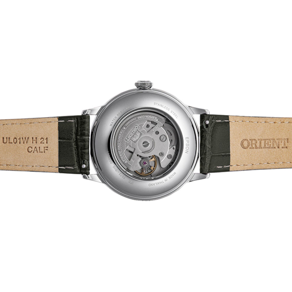 Orient Bambino Classic RA-AC0025N30B watch with visible mechanism and 'Orient' branding on a white background