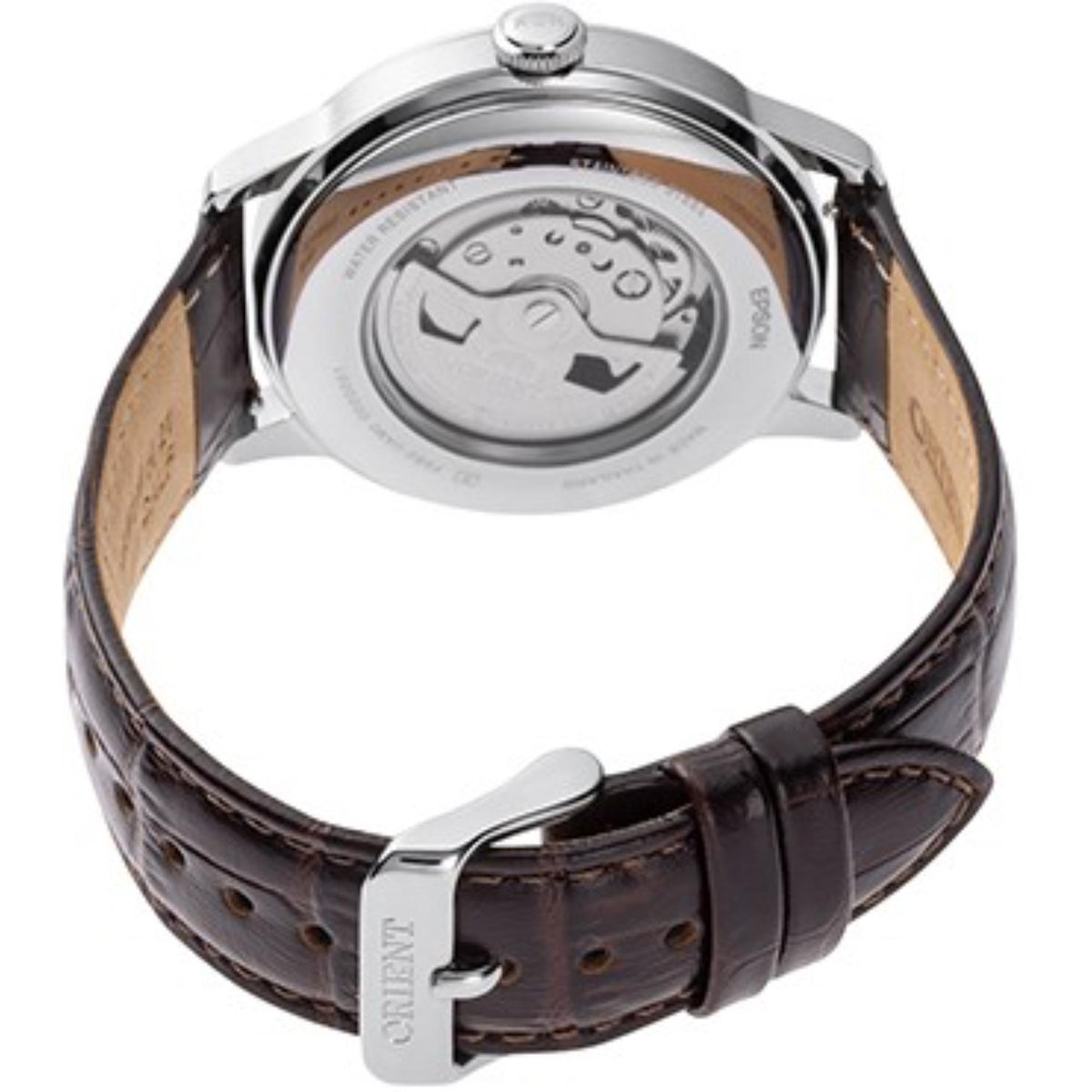 Exhibition case back view of Orient Bambino RA-AK0807R30B mens automatic watch showing internal movement and brown leather strap