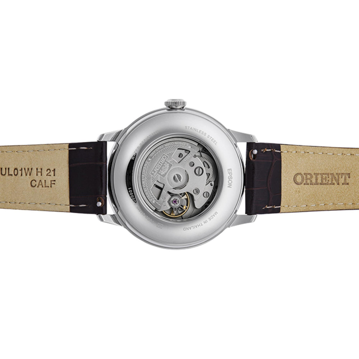 Flat display of exhibition case back for Orient Bambino RA-AK0807R30B mens timepiece highlighting automatic movement and leather strap