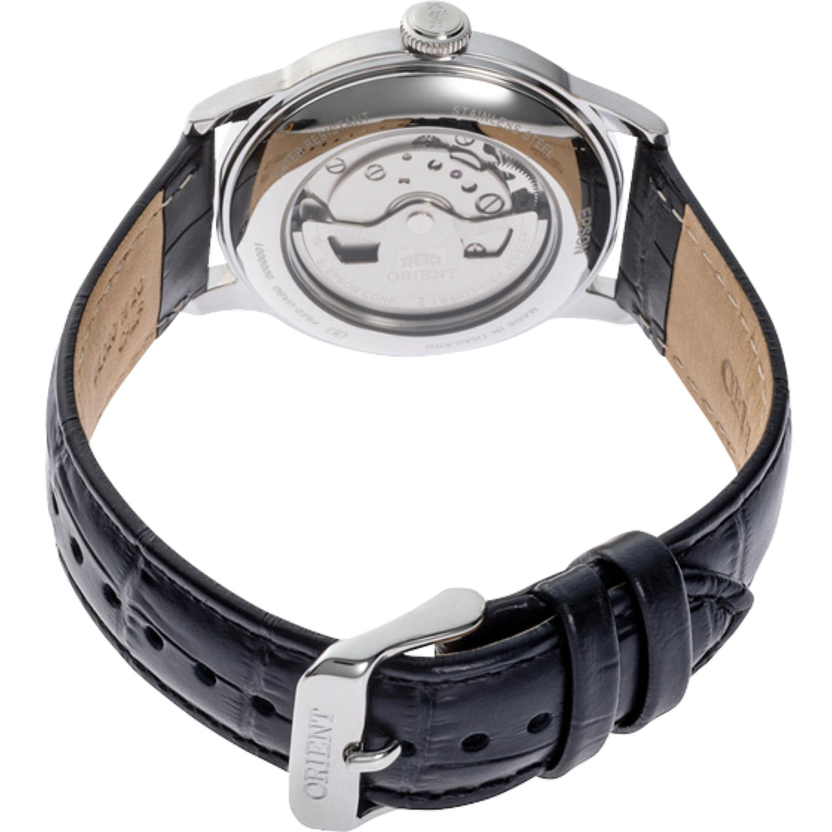 Orient Bambino automatic watch back view, black leather strap, silver case, crown