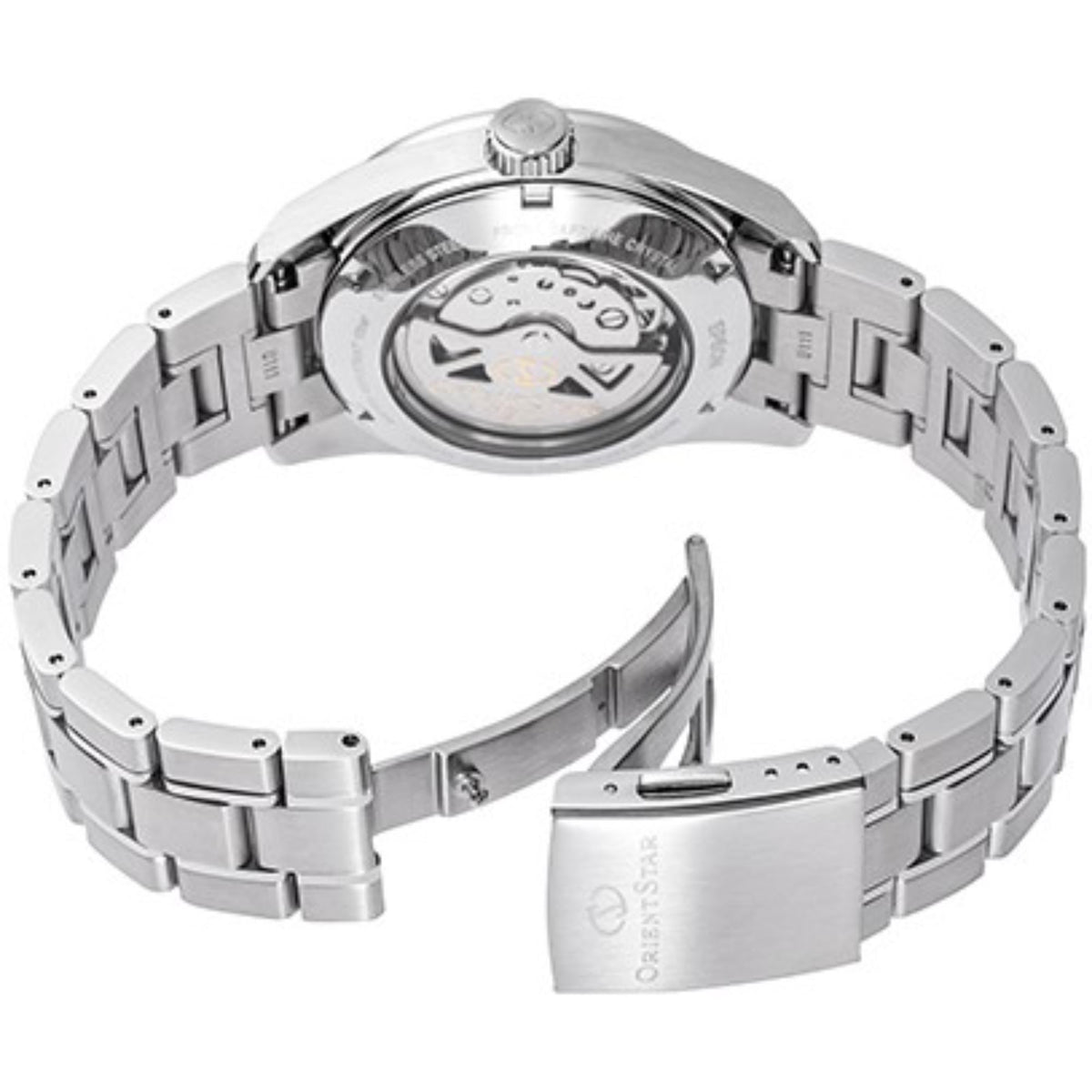 Stainless steel watch caseback with view of mechanical movement and metal bracelet