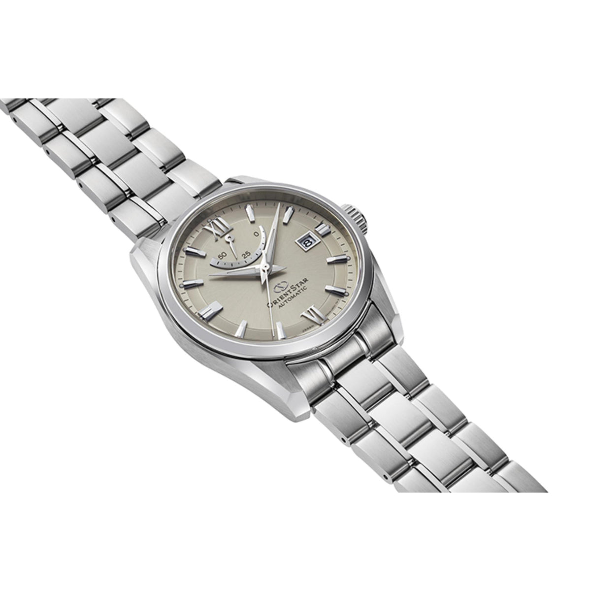 Men's Orient Star automatic watch, angled view, gray dial on stainless steel bracelet