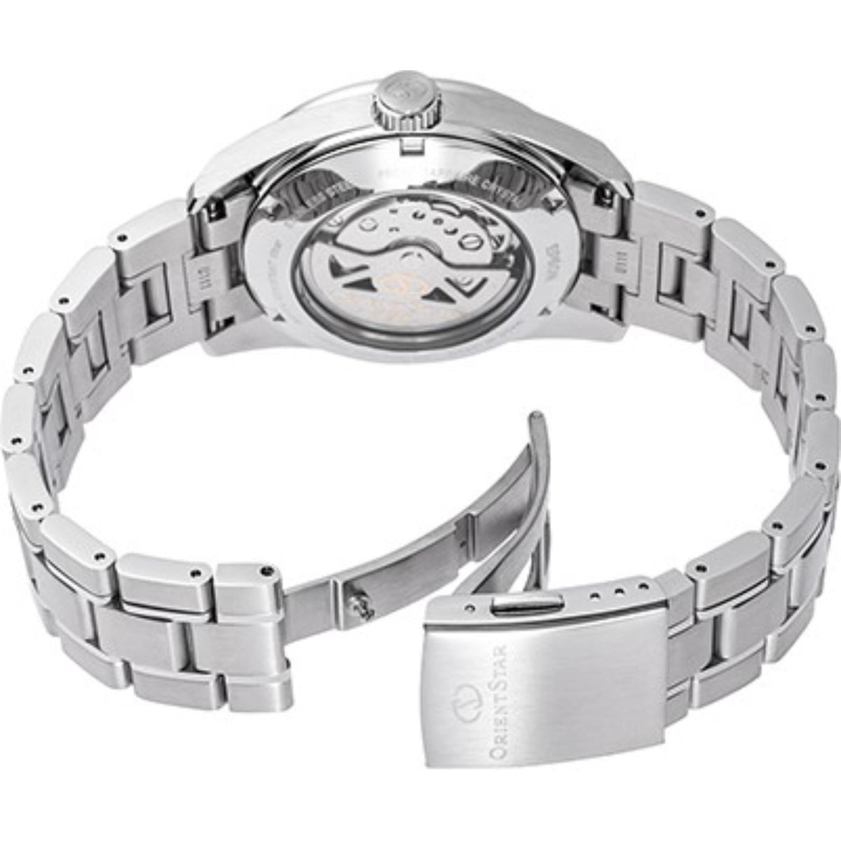 Men's Orient Star automatic watch caseback with steel bracelet and foldover clasp