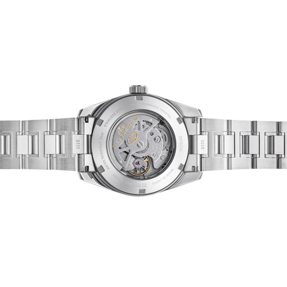 Men's Orient Star automatic watch with visible movement through caseback window