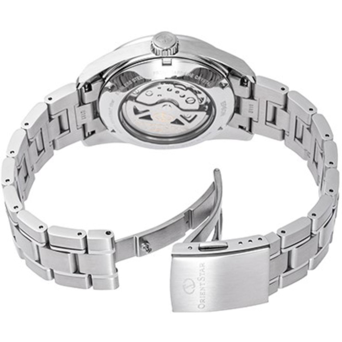 Orient Star watch case back with metal bracelet and clasp, exposed back profile