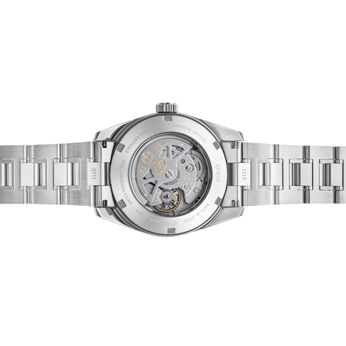Orient Star watch back with visible automatic movement through glass, steel bracelet