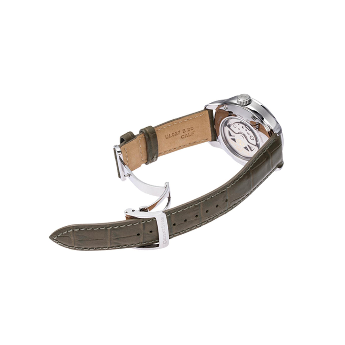 Back of automatic skeleton watch with olive-brown leather strap and metal clasp