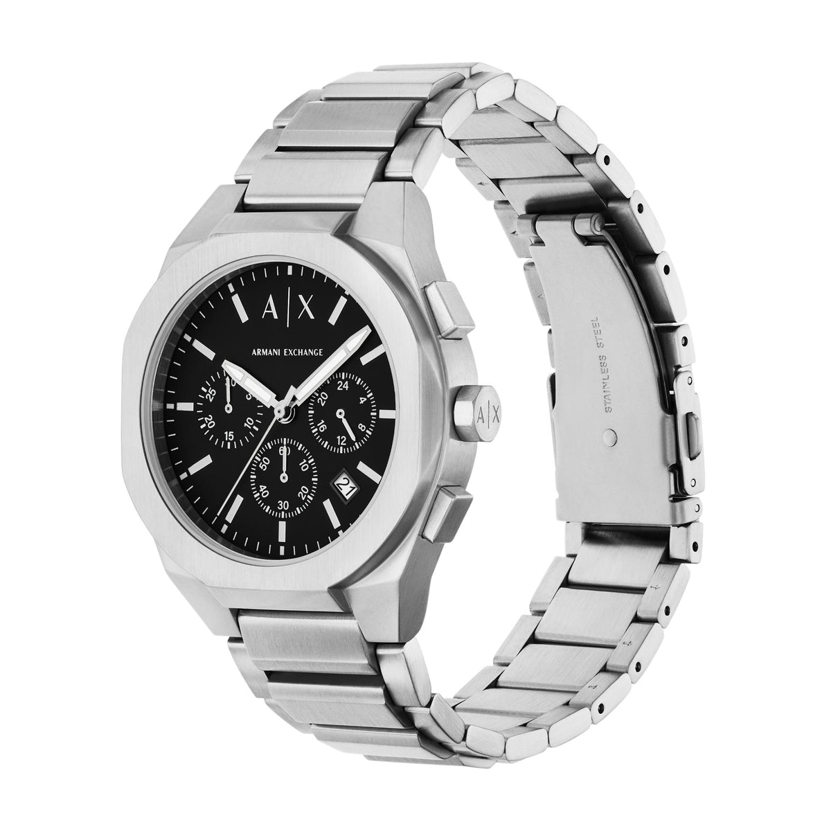 Armani Exchange Rafael AX4186 three-quarter view displaying octagonal case profile and steel bracelet links