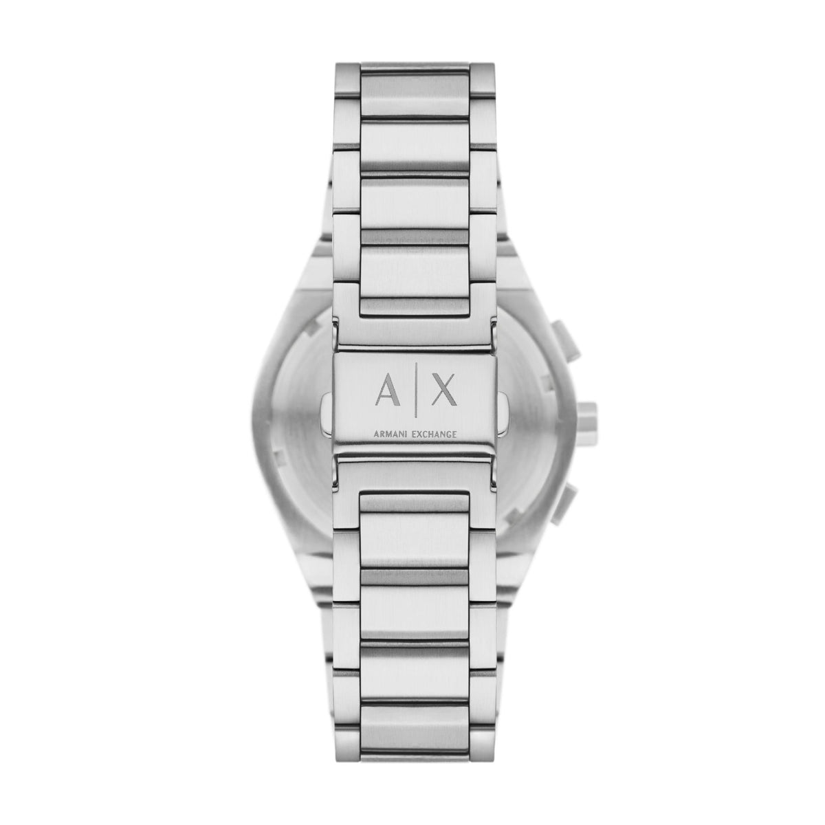 Armani Exchange Rafael AX4186 back view showing steel bracelet clasp engraved with A|X logo and engraved brand markings