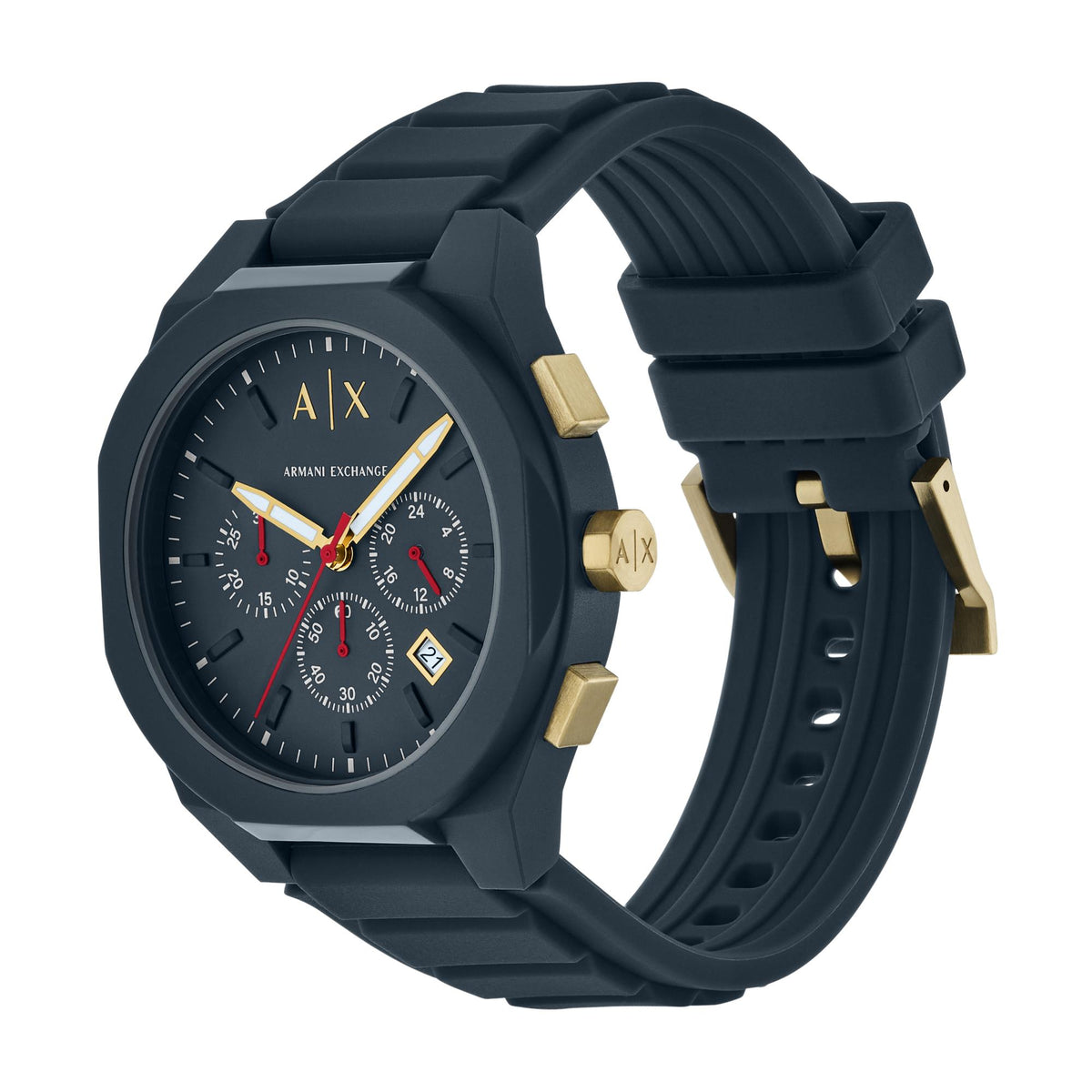 Armani Exchange AX4168 Rafael 44mm mens quartz watch showcasing black silicone strap and gold pushers