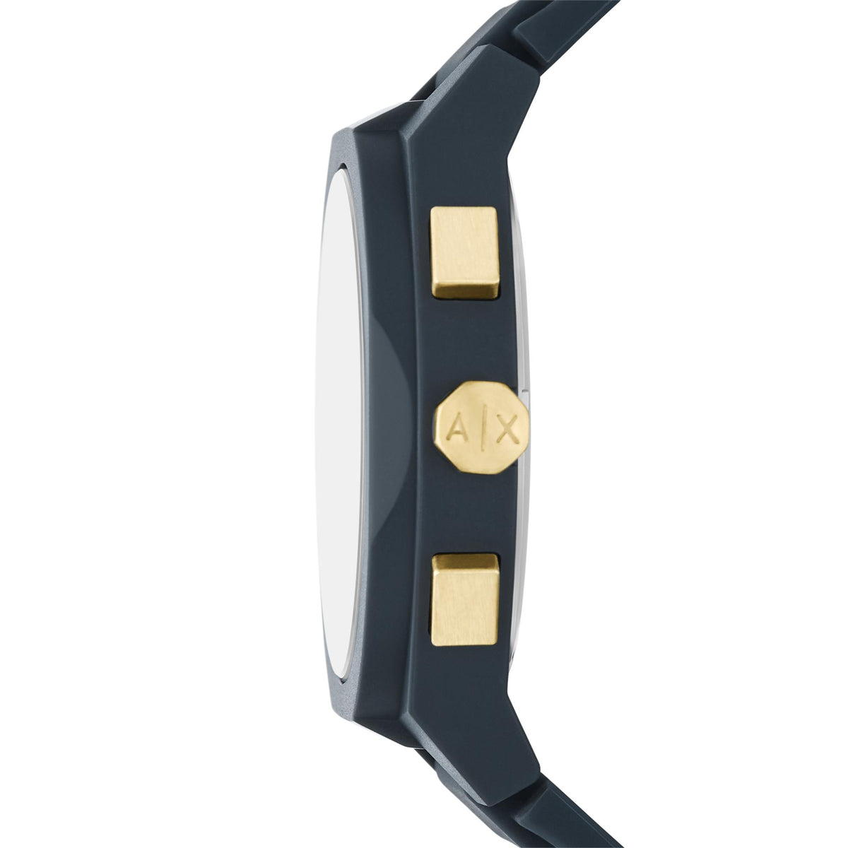 Side view of Armani Exchange Rafael chronograph watch highlighting case thickness and gold crown detail