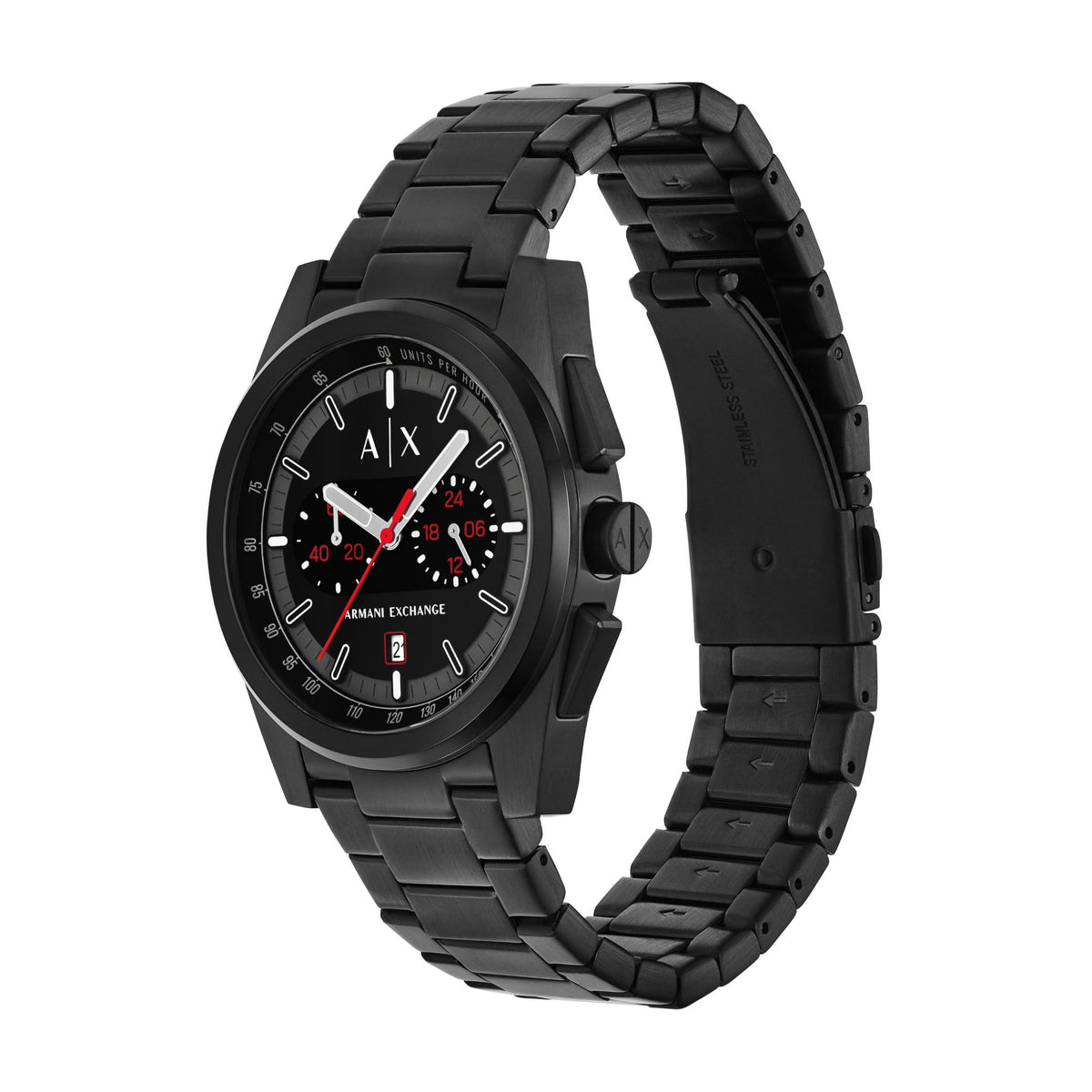 Armani Exchange AX2864 Parker stainless steel black bracelet and chronograph pushers close-up