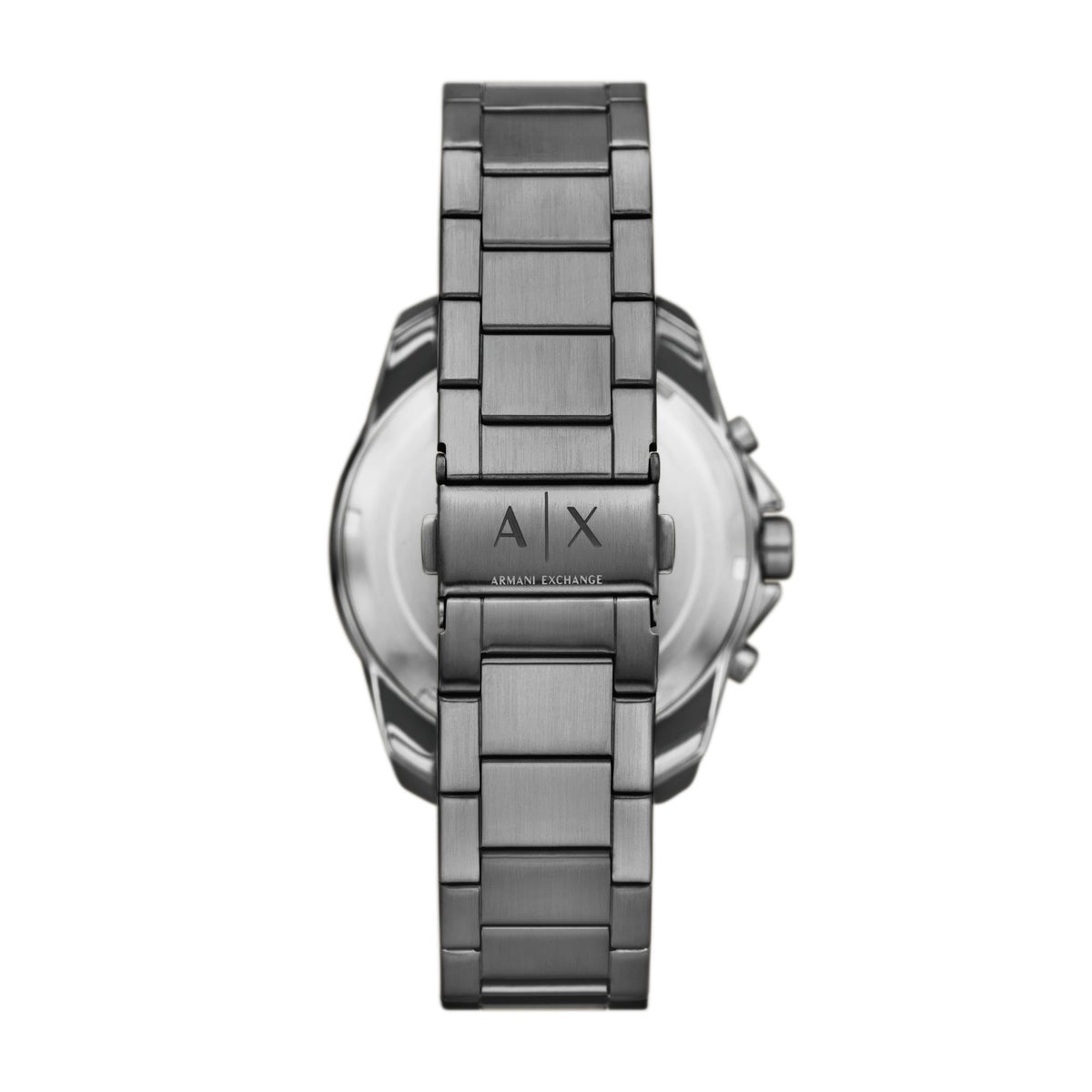 Steel link watch with A|X logo on dial, dark bezel and side crown