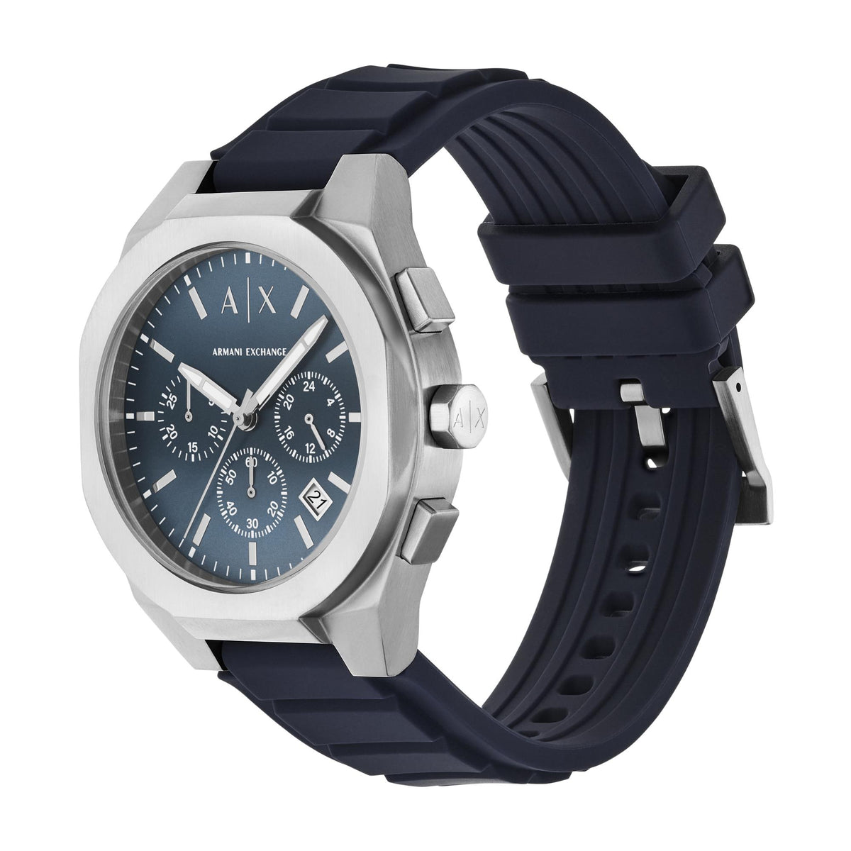 Chronograph watch with blue dial, silver case, and black silicone band