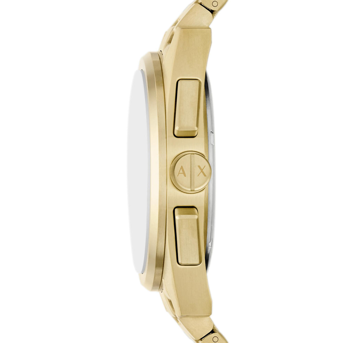 Armani Exchange chronograph watch case side in gold-tone steel with crown and buttons