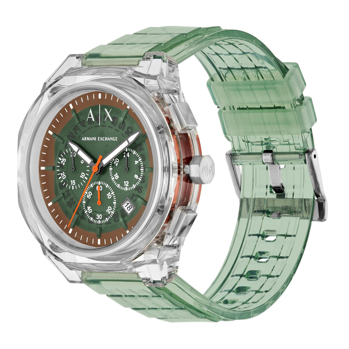 Men's chronograph quartz watch, green dial, orange accents, clear green polyurethane strap