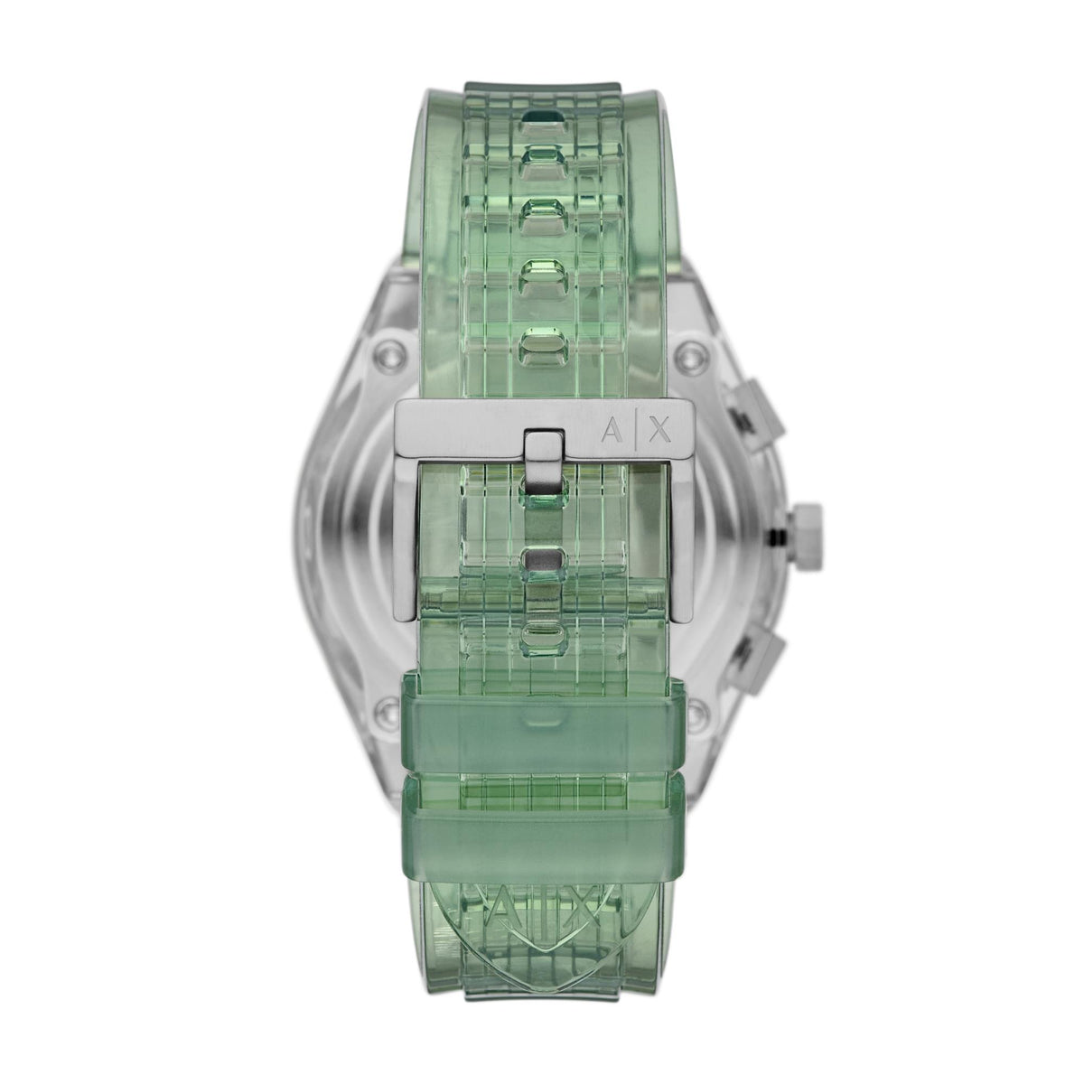 Men's chronograph quartz watch, clear green polyurethane strap, silver case and green dial