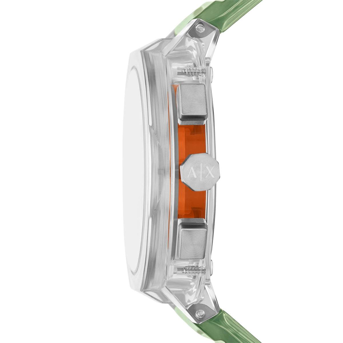 Men's chronograph quartz watch, silver side profile with orange detail and clear green strap