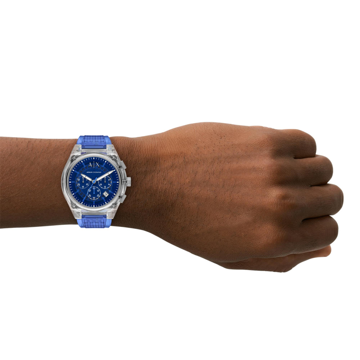 Armani Exchange Rafael AX4166 lifestyle view showing 44mm blue dial mens quartz watch worn on wrist