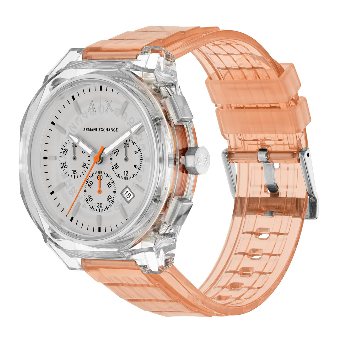 Men's chronograph watch with grey dial and orange polyurethane strap, angled view