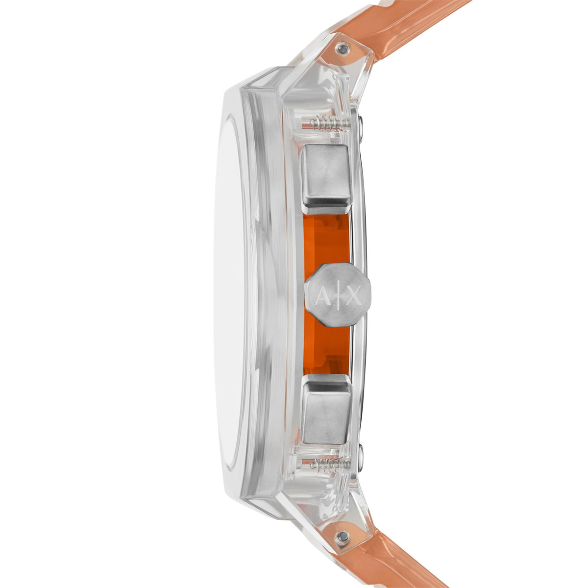 Men's chronograph watch side profile with orange polyurethane strap
