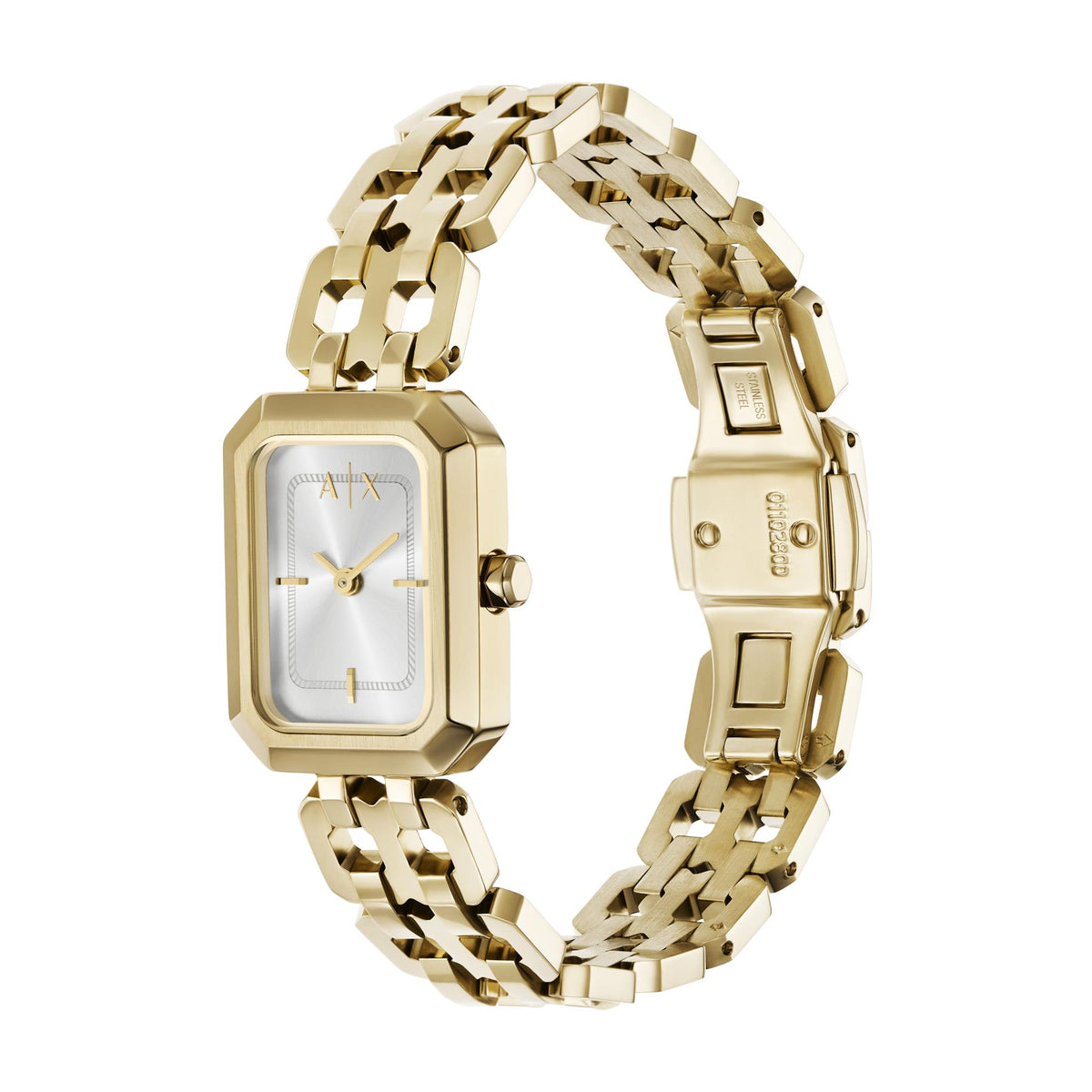Gold-tone ladies quartz watch shown on bracelet with silver dial and rectangular case