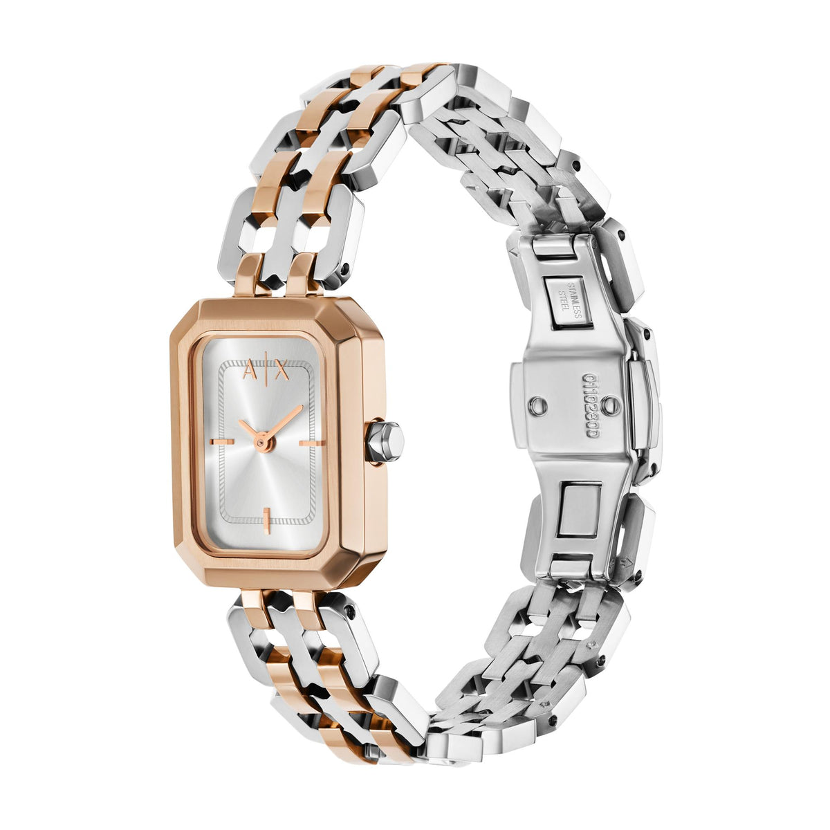 Armani Exchange ladies quartz watch, silver link bracelet with rose-gold center, square white dial