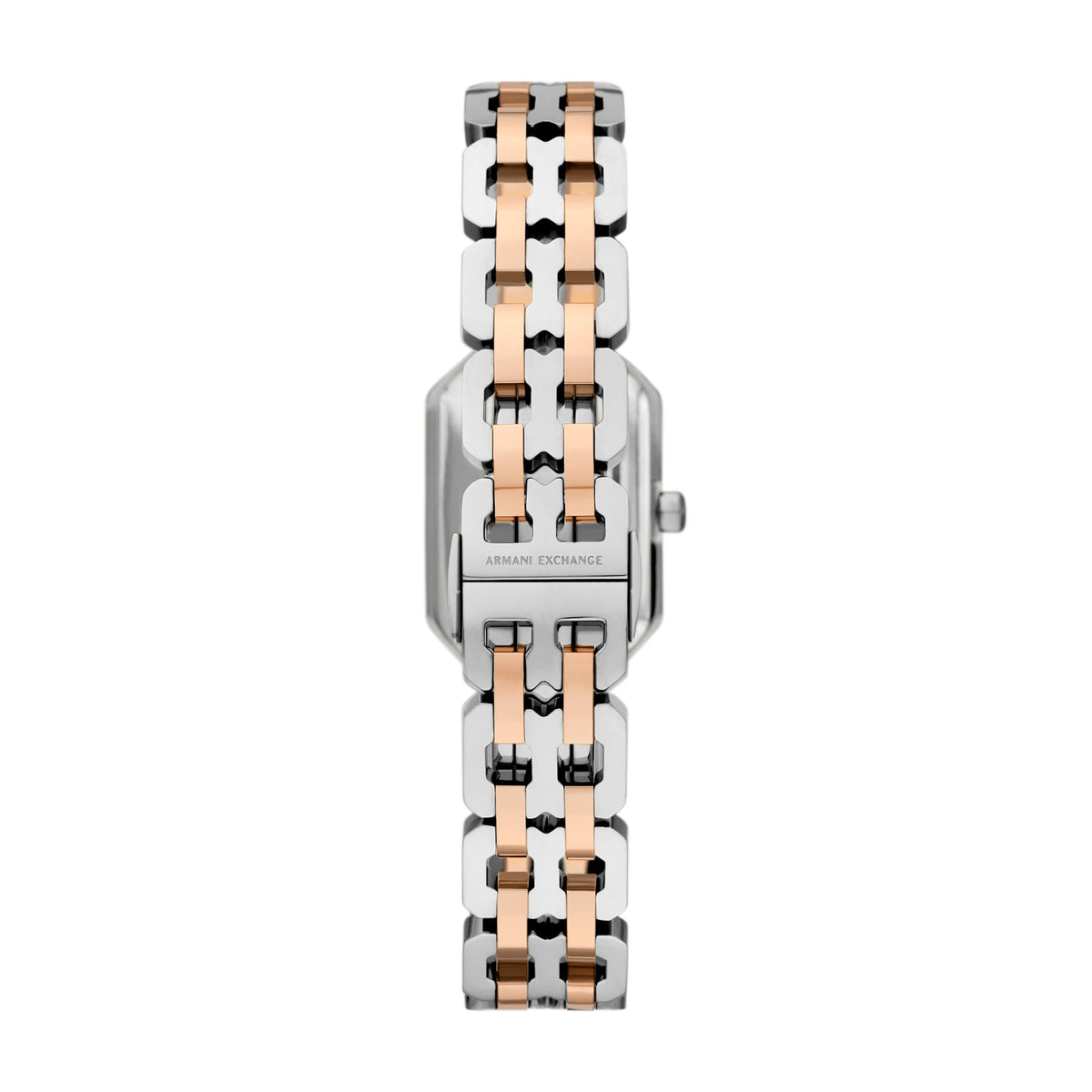 Armani Exchange ladies quartz watch, stainless steel bracelet with rose-gold bars, side view