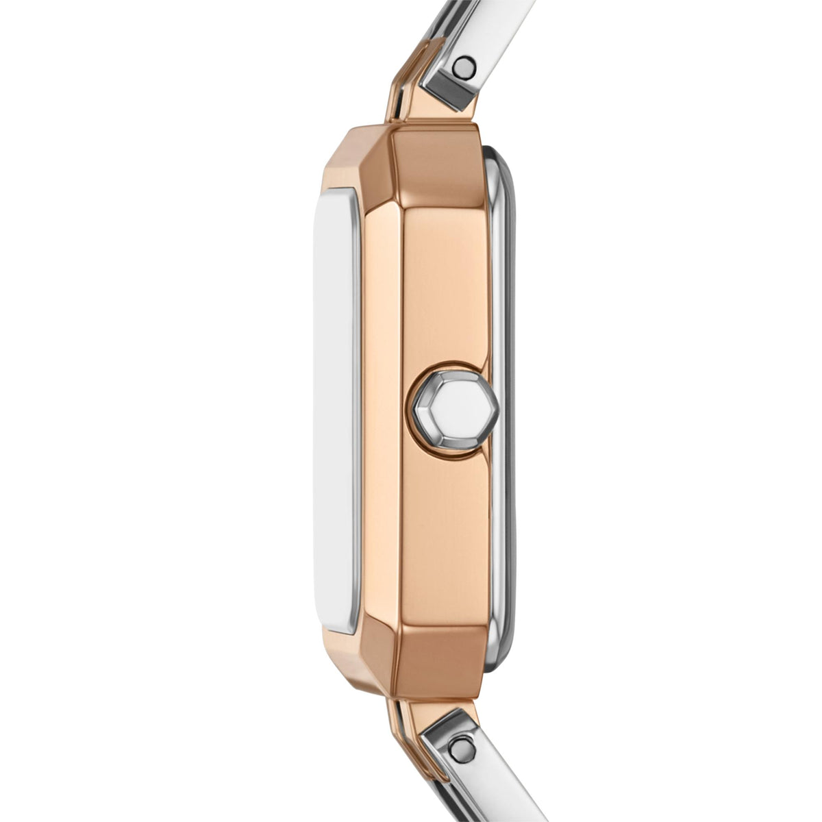 Armani Exchange ladies quartz watch case, rose-gold bezel with round crown, metal bracelet