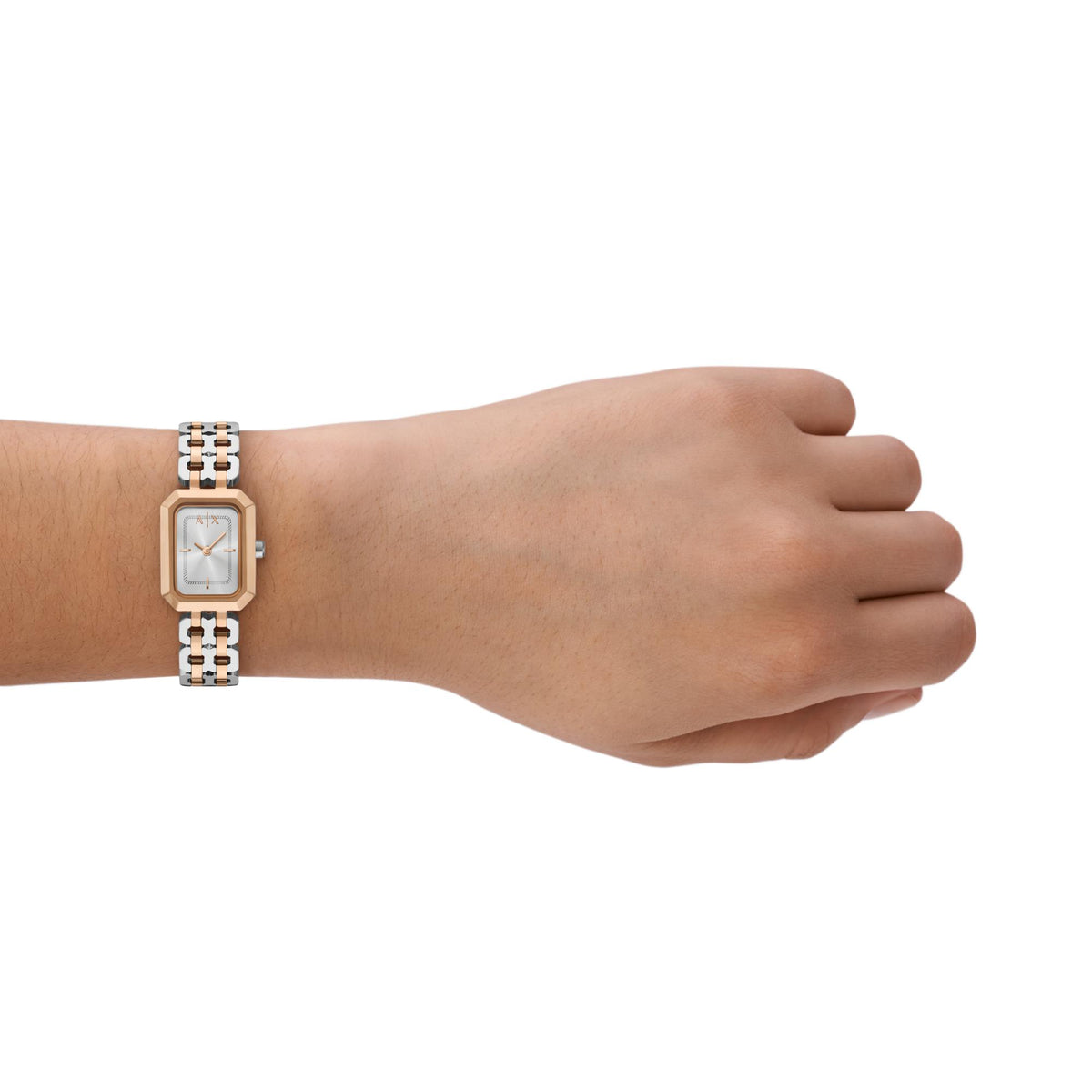 Armani Exchange ladies quartz watch on wrist, silver and rose-gold linked bracelet