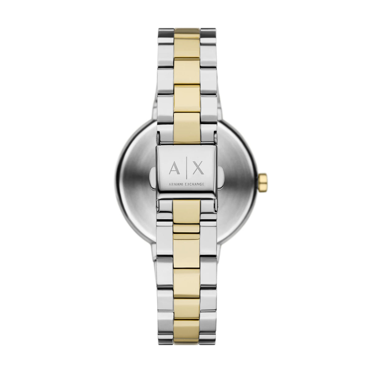 Ladies wristwatch with green dial, two-tone stainless steel bracelet and gold A/X logo