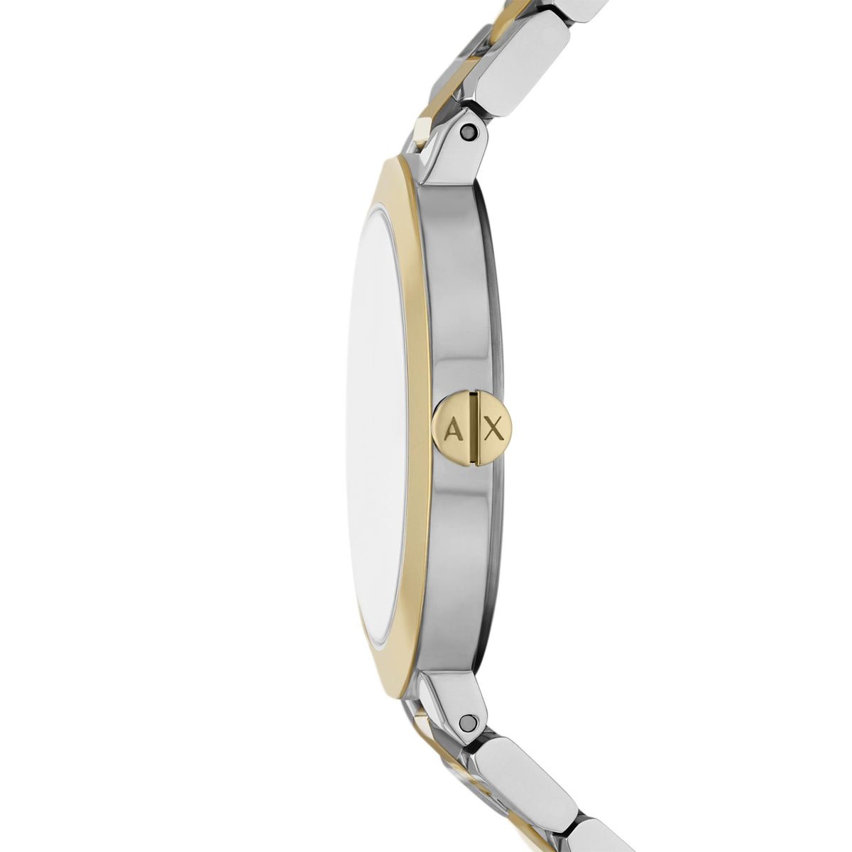 Two-tone stainless steel watch side view with gold accents and green dial