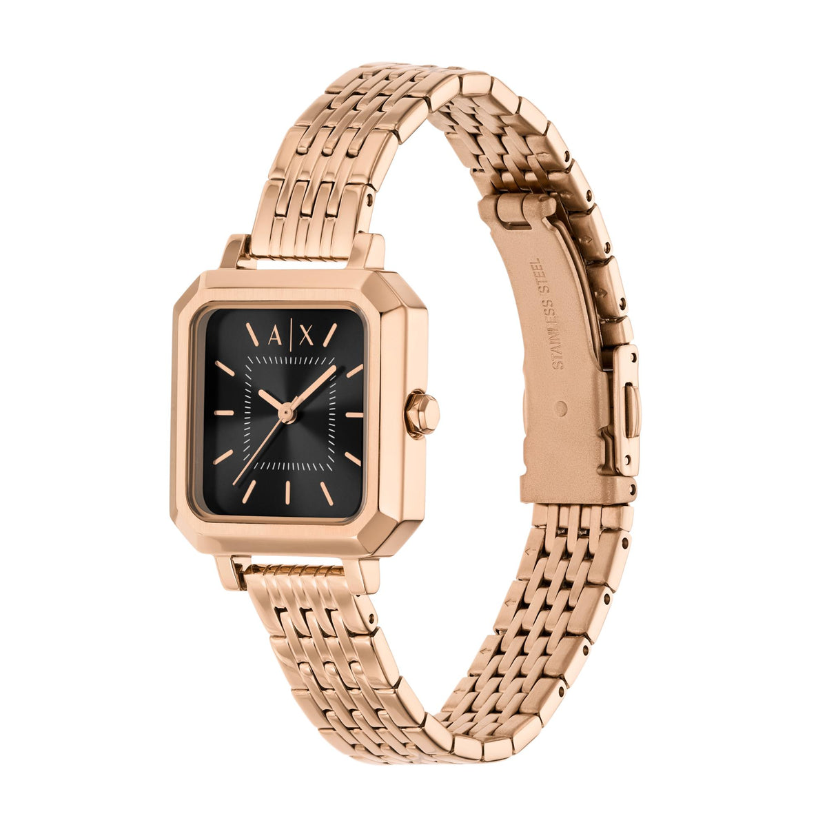 Armani Exchange Leila AX5729 angled perspective showing black dial square case design with steel bracelet