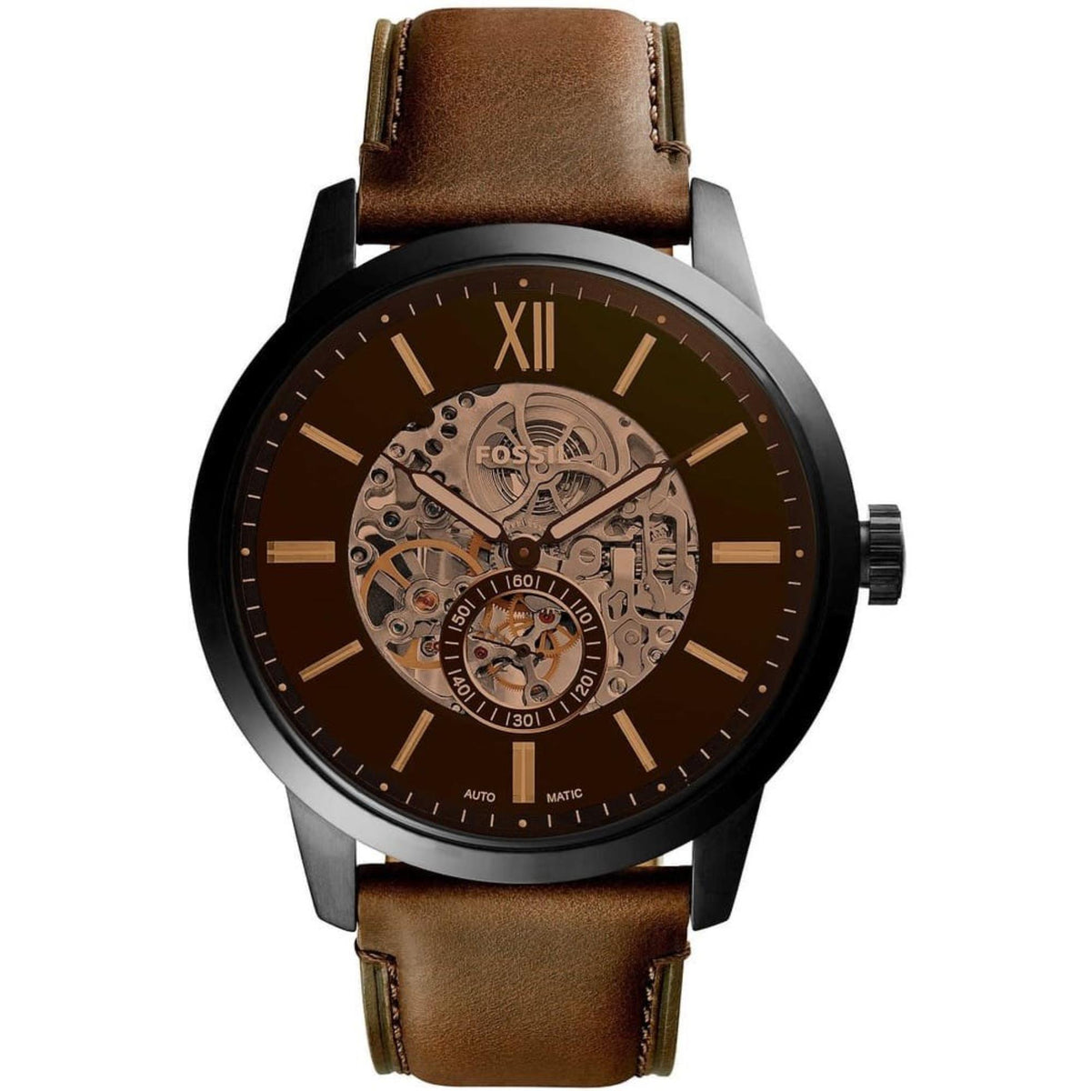 Mens automatic watch with dark dial, silver case, and brown leather strap