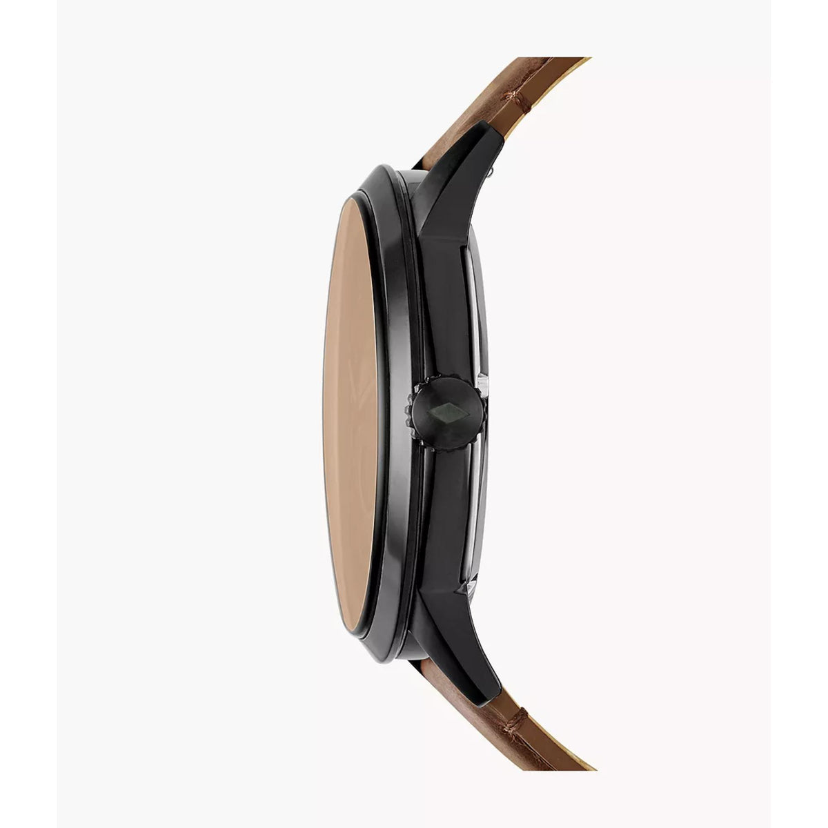 Mens automatic watch side view with black case and brown leather strap