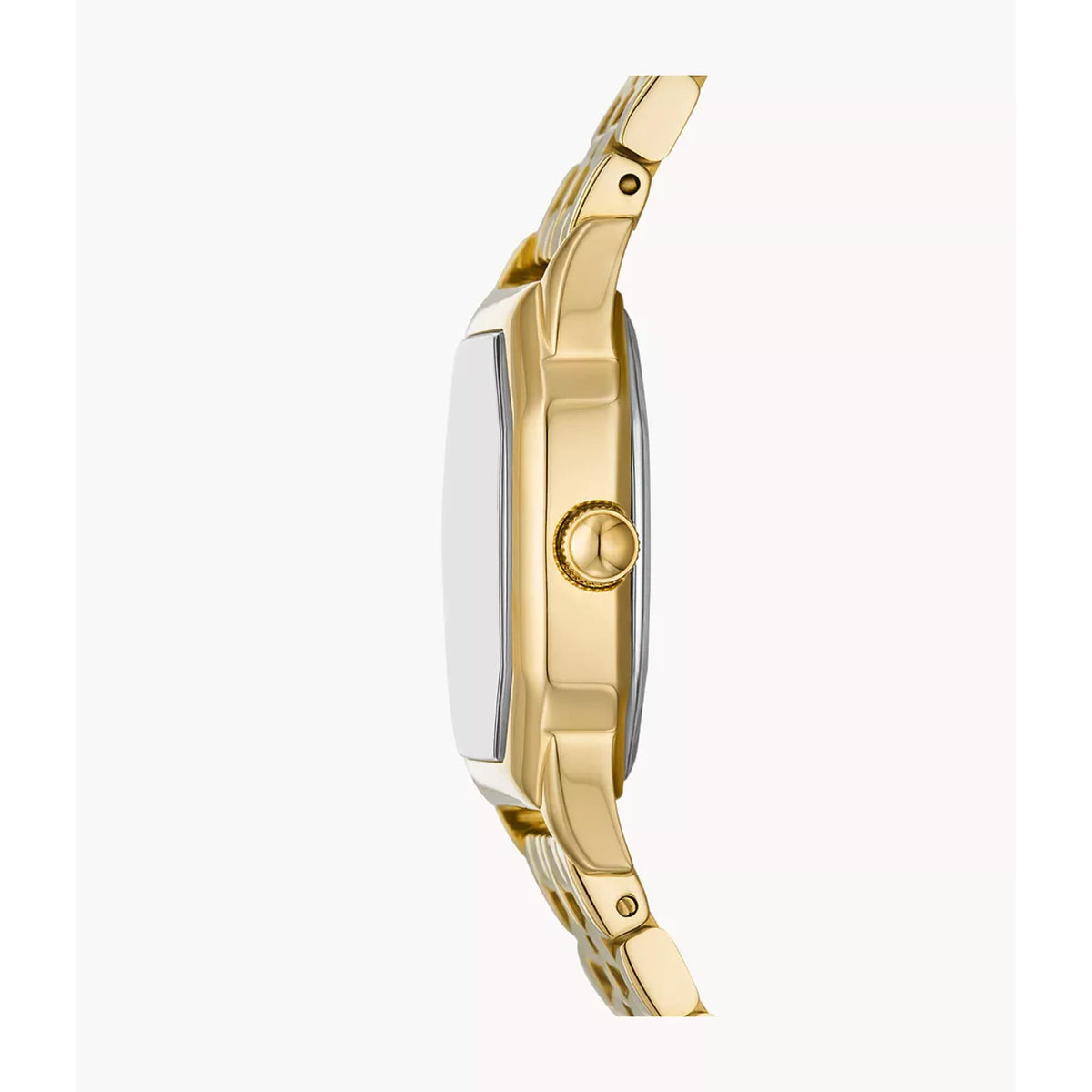 Gold-tone quartz watch with side profile, crown, and metal link band