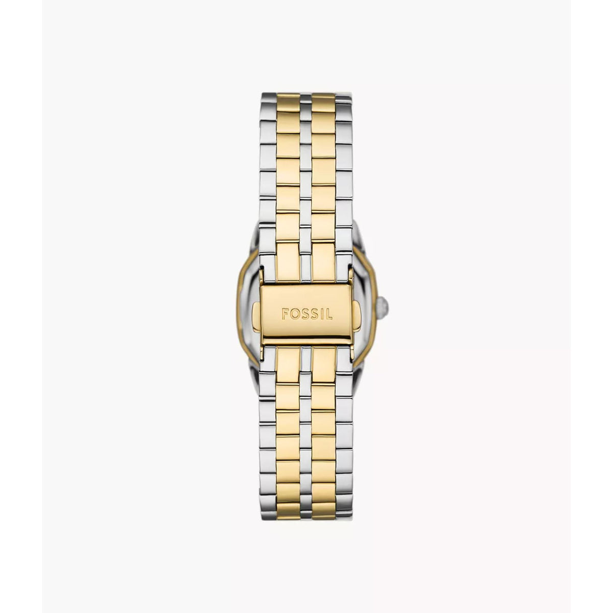 Rear view of the Fossil Harlow ES5362 ladies watch displaying the two-tone stainless steel bracelet and engraved folding clasp