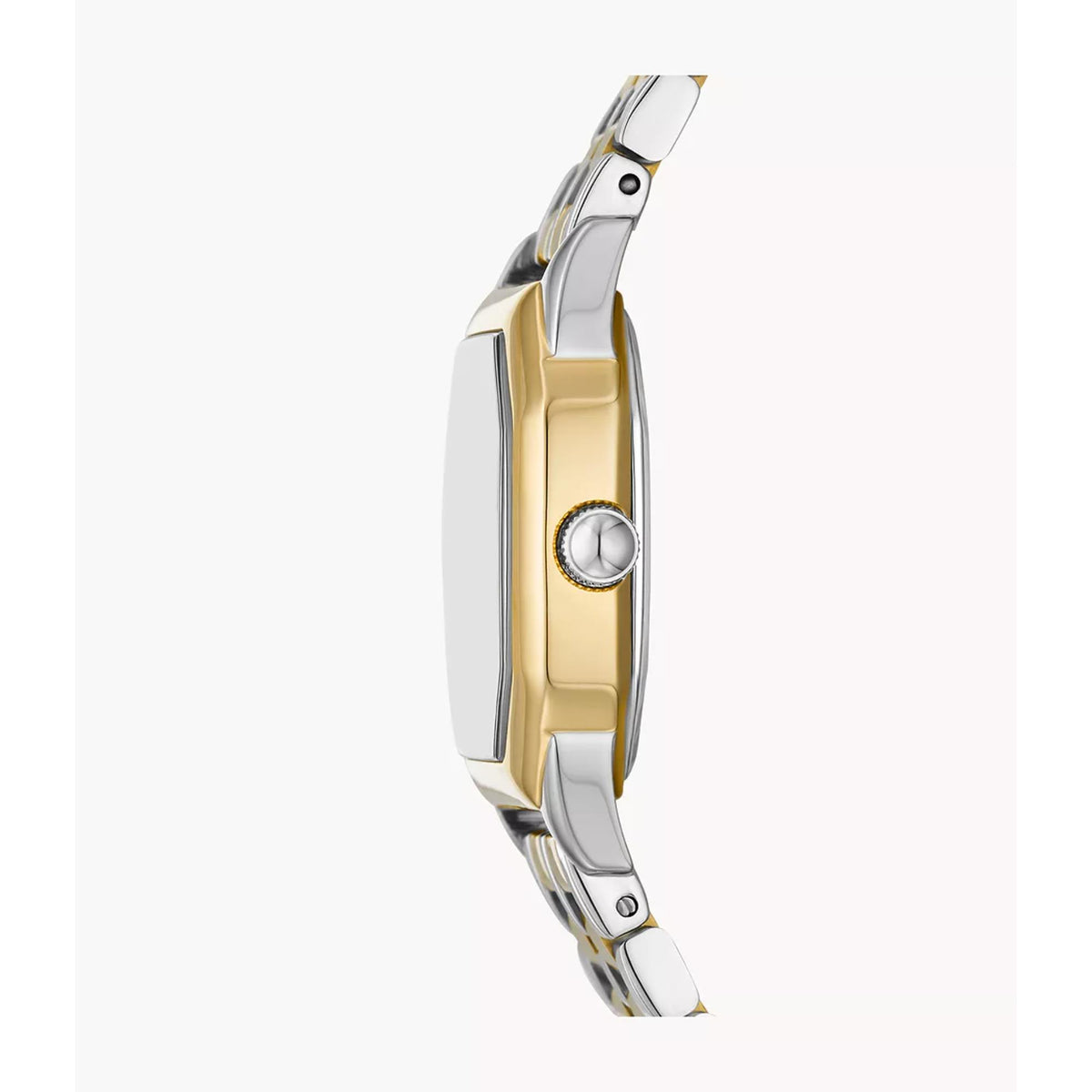 Side profile view of the Fossil Harlow ES5362 timepiece showcasing the two-tone steel case and fluted crown