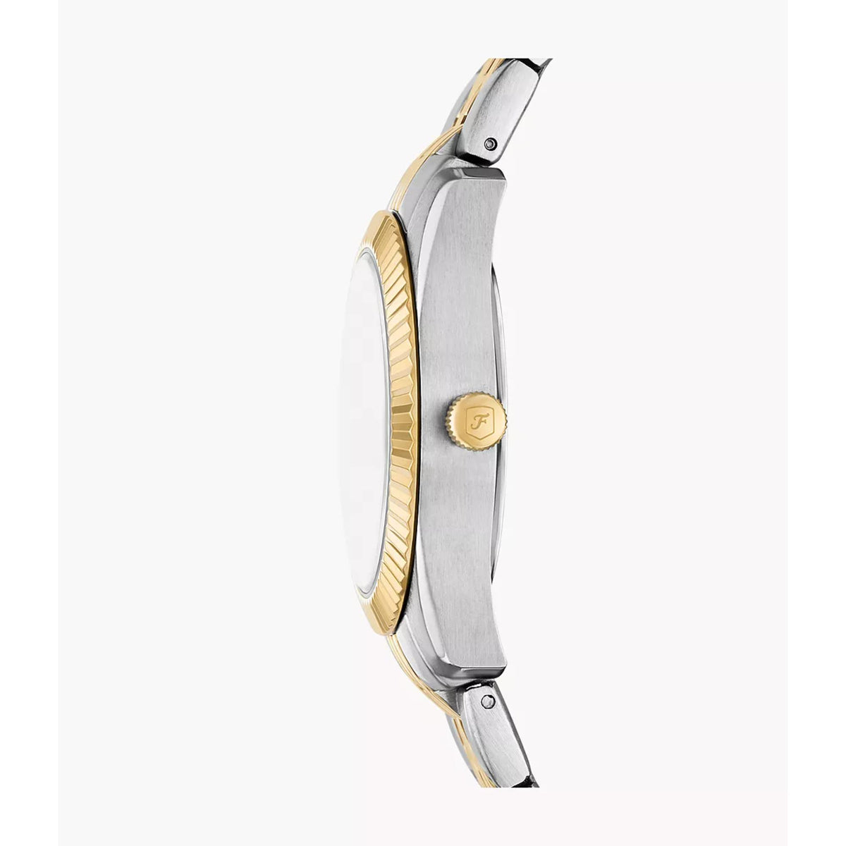 Side profile of the Fossil Scarlette ES5388 timepiece highlighting the gold-tone fluted bezel, textured crown, and brushed steel case