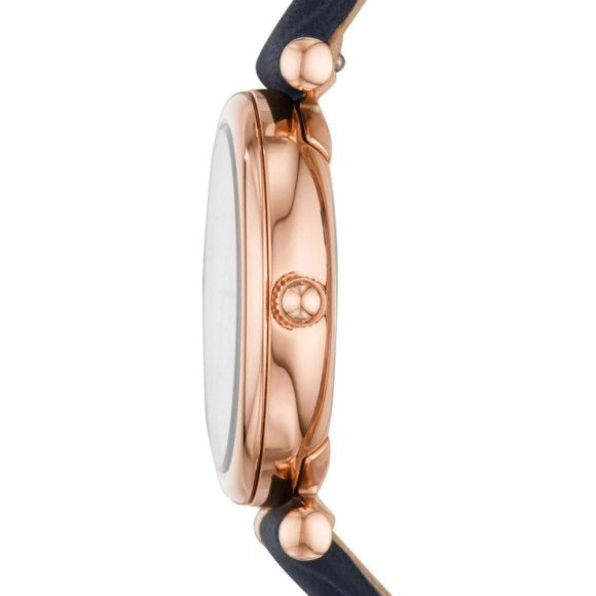 Side view of the Fossil Carlie ES4502 timepiece detailing the polished rose gold-tone case profile and textured crown