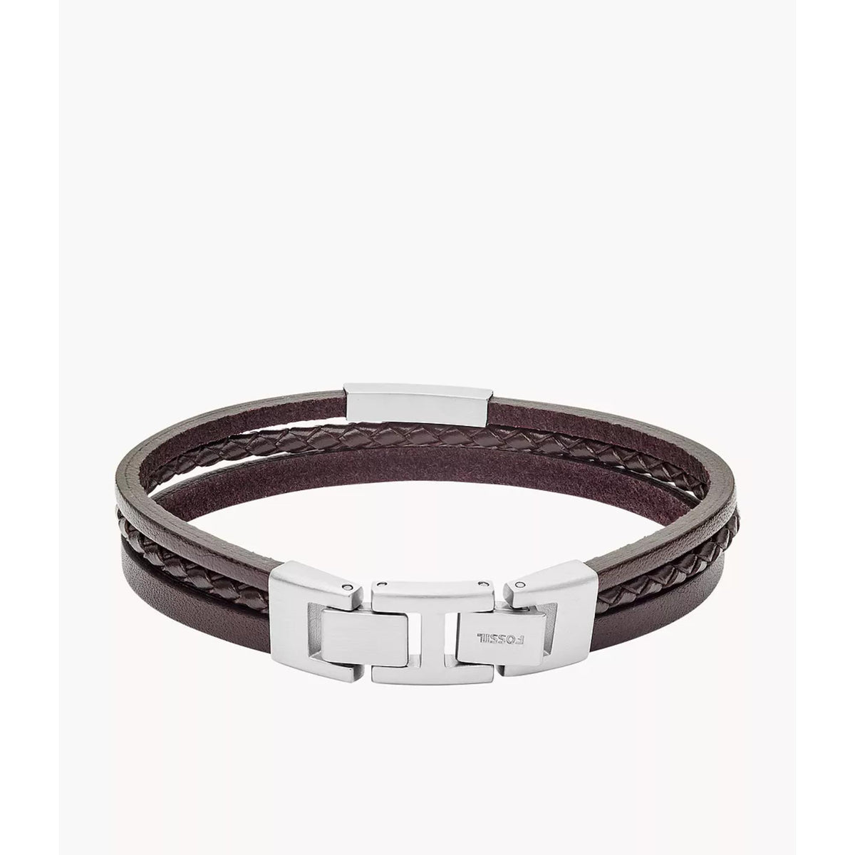 Brown leather wrap bracelet with silver-tone center plate and box clasp