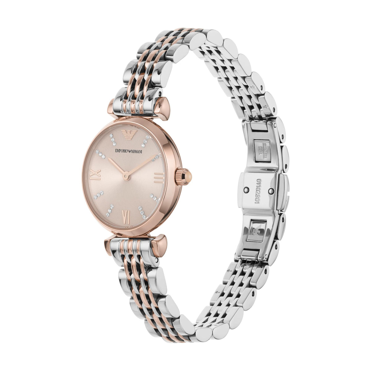 Two-tone steel wristwatch with pink dial, round rose-toned bezel, Roman numerals