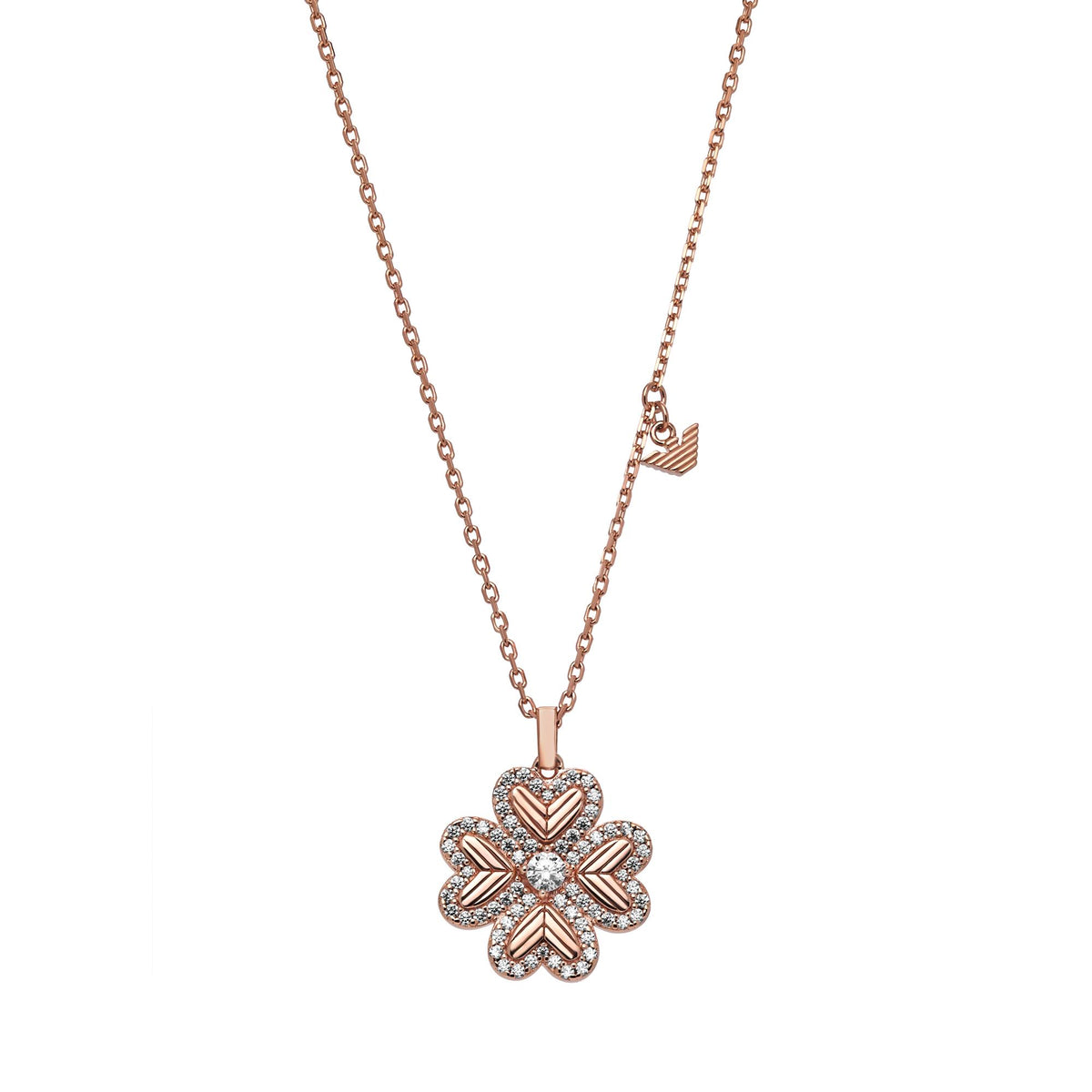 Frontal layflat view of Emporio Armani womens rose gold-tone sterling silver chain necklace EG3609221 with four-leaf clover charm
