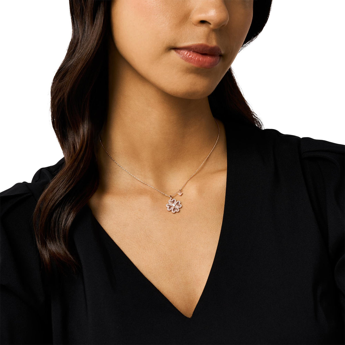 Model wearing Emporio Armani womens rose gold-tone sterling silver clover necklace EG3609221