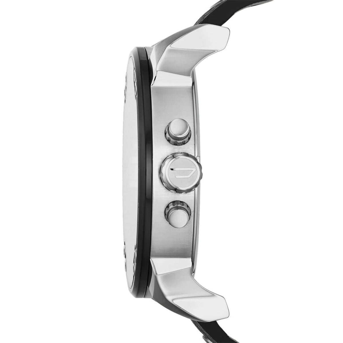 Diesel watch side profile with silver crown and pushers, black leather strap
